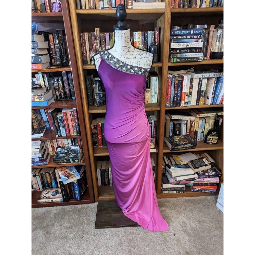 JUNO purple ombre one shoulder maxi gown sz small nwt sparkly collar